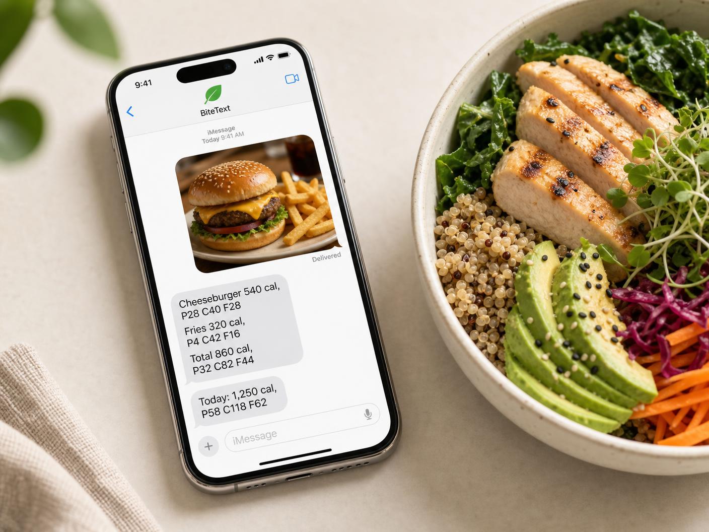 Phone showing a text message conversation next to a healthy chicken and quinoa bowl