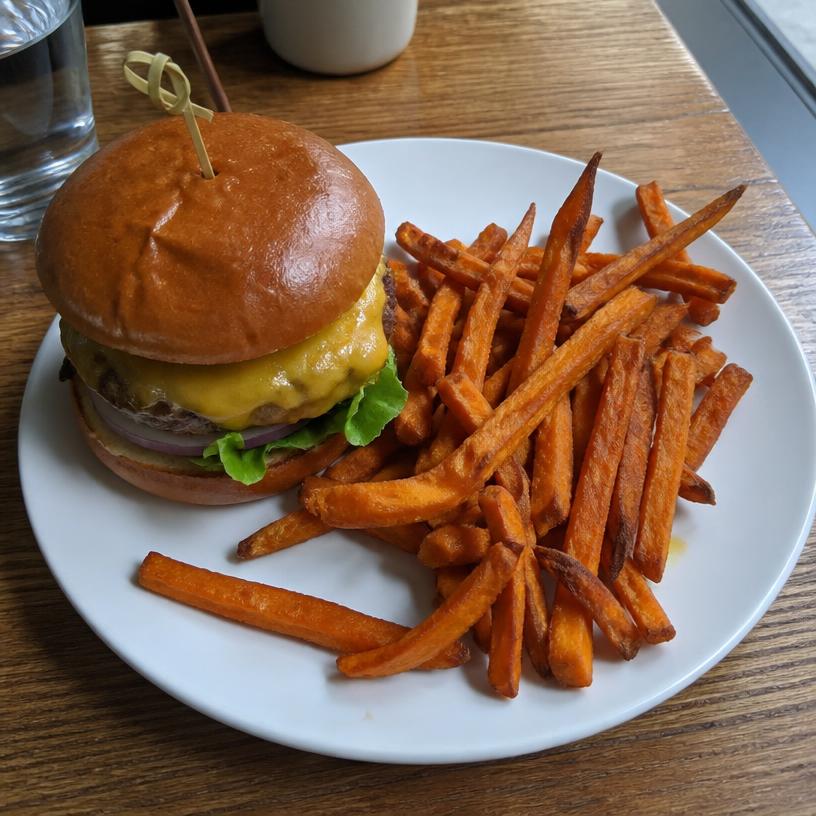 Photo of a cheeseburger with sweet potato fries texted to BiteText